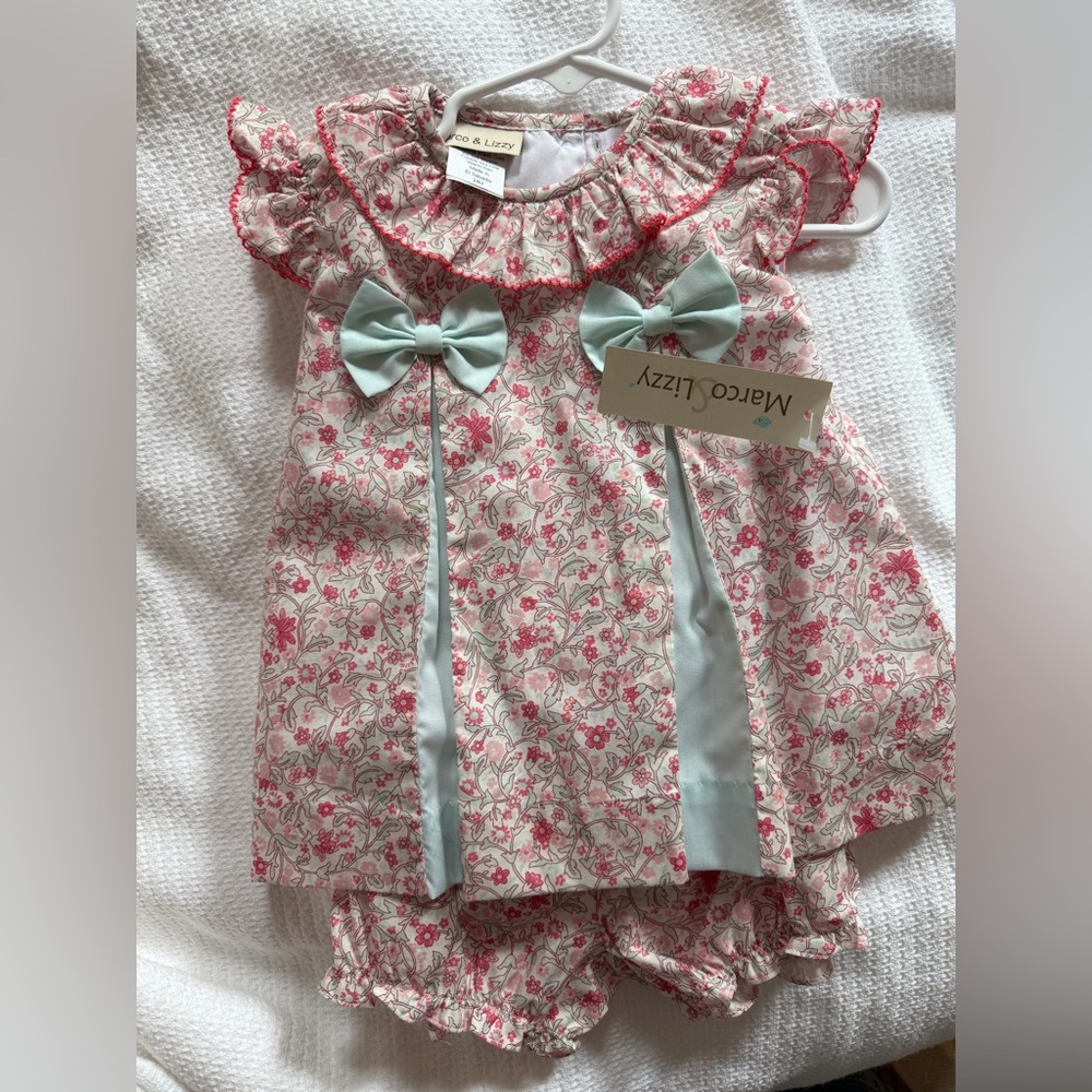 Marco & Lizzy floral Dress with Bows - Pink and Mint 24 month two piece set, NWT